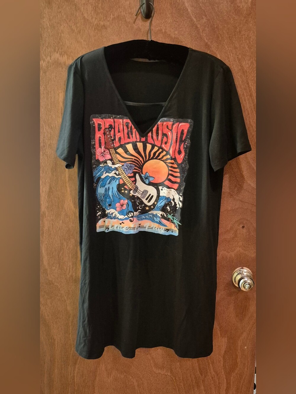 Black Graphic Tee Dress with Sunset Guitar Print